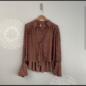 Free People Modern Muse Button Down Blouse Floral Red Combo Size XS
